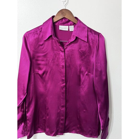 Vintage 90s Pink Silk Long Sleeve Medium Button Up Shirt Blouse Y2K Metallic - Picture 2 of 7